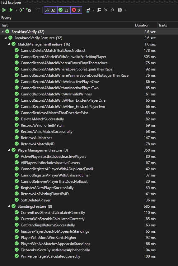 Test Explorer showing 32 passing scenarios