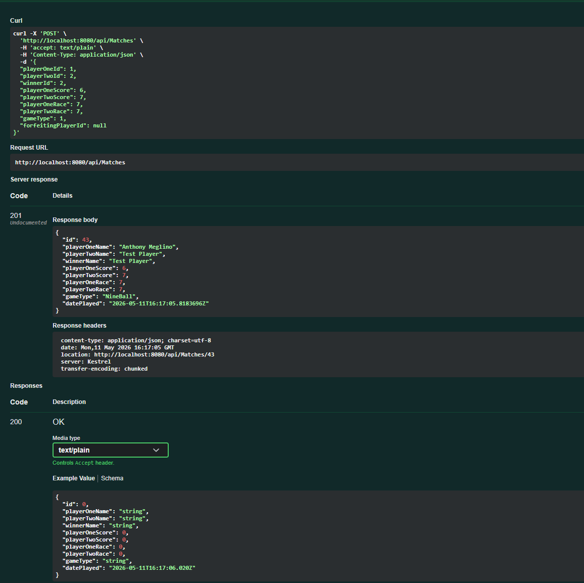 POST /api/Matches response